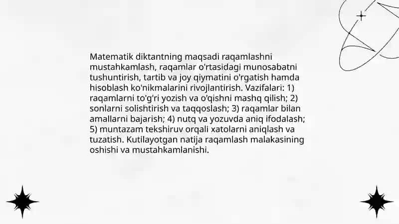 Matematik diktantning raqamlashga oʻrgatishning oʻrni 3