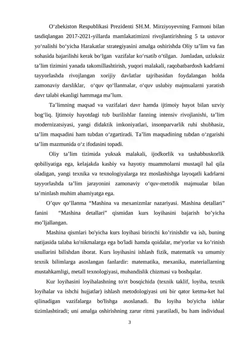 Mashina va mexanizmlar nazariyasi. Mashina detallari FANIDAN kurs loyihasiNI BAJARISH 3