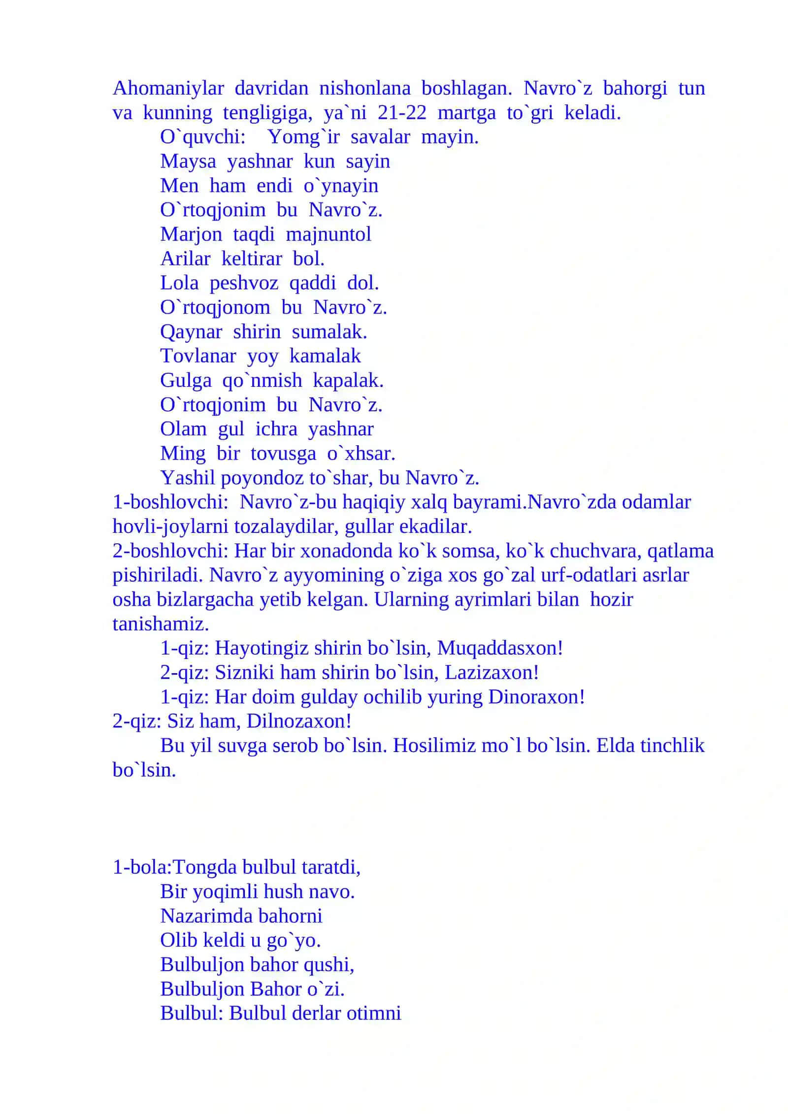 Navro`z-bahor bayrami. (tadbir senariysi) 3