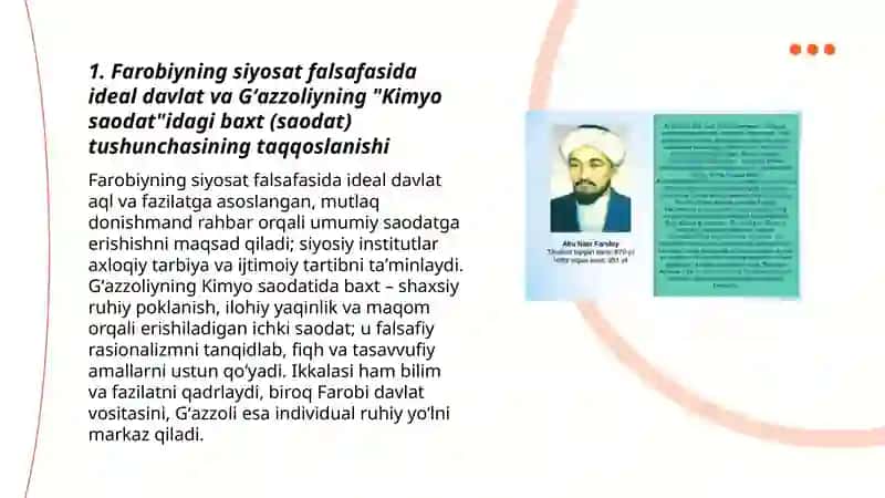 Abu Nasr Forobiy va Gʻazzoliyning falsafa ilmiga oid qarashlarini qiyosiy tahlil etish (Farobiyning "siyosat falsafasi"va Gʻazzoliyning "Kimyo saodat" asarlari asosida) 3