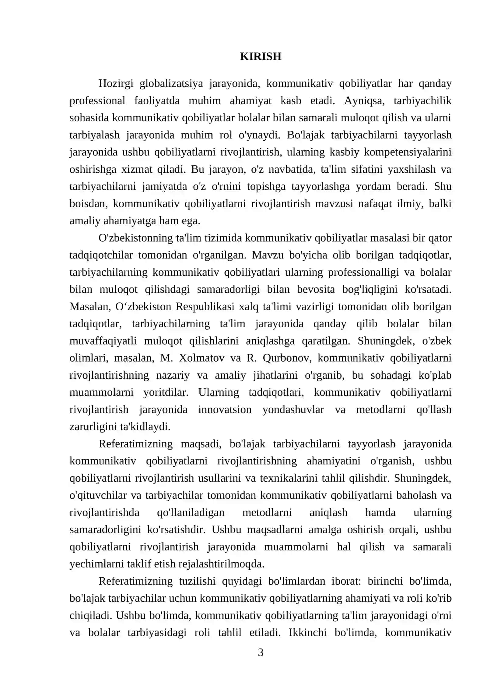 Bo'lajak tarbiyachilarni tayyorlash jarayonida kommunikativ qobiliyatlarni rivojlantirish REFERATI 3