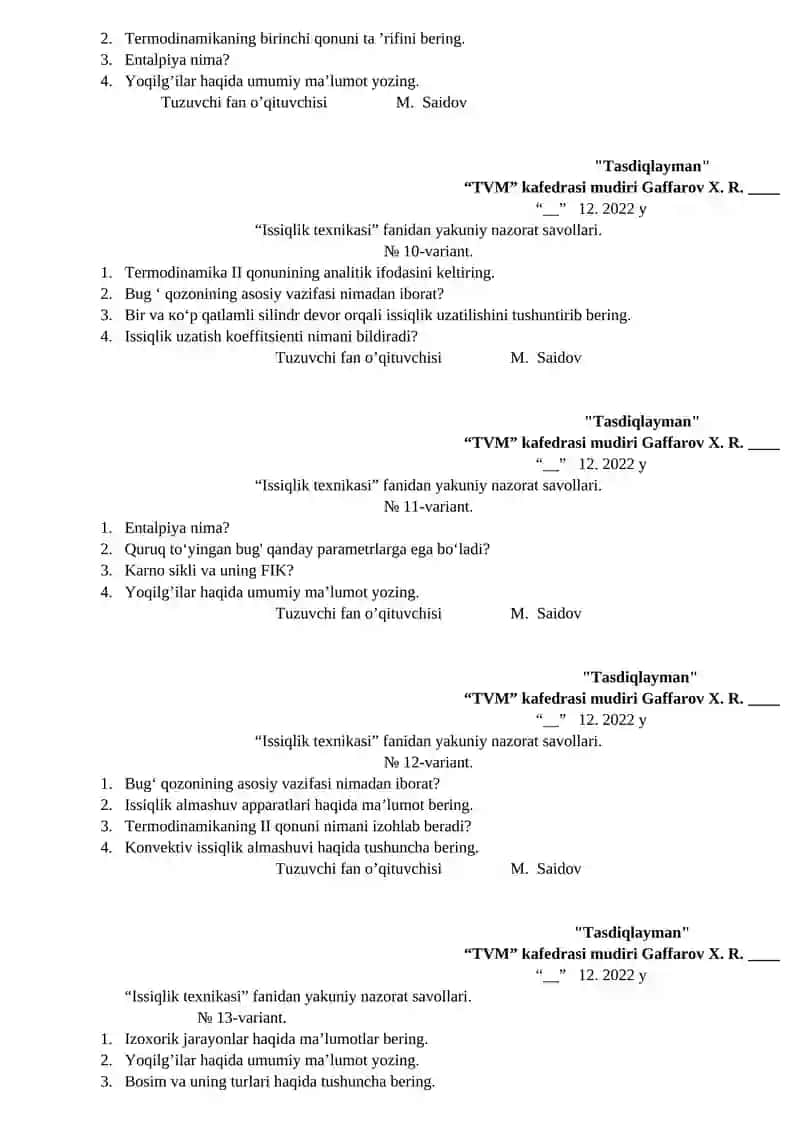 Issiqlik texnikasi yakuniy nazorat savollari 3