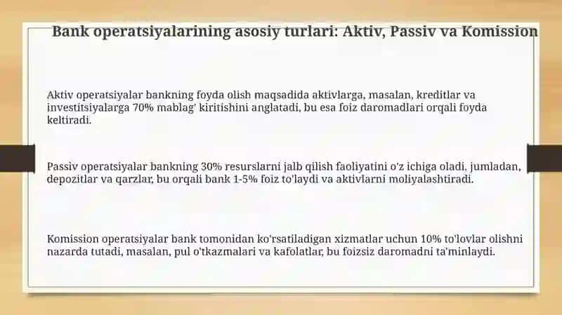 Bank operatsiyalari turlari  Bank operatsiyalarining turlari aktiv, passiv, komission 3