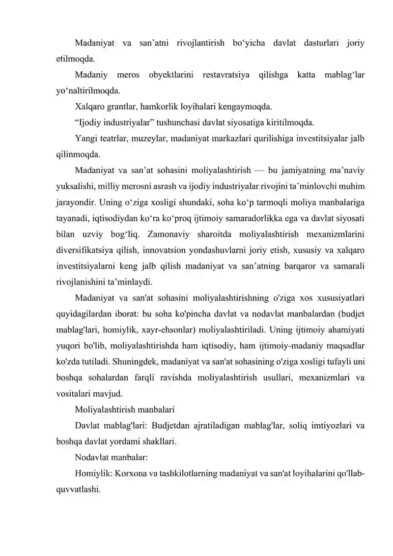 MADANIYAT VA SAN'AT SOHASINI MOLIYALASHTIRISHNING O'ZIGA HOS XUSUSIYATLARI 3