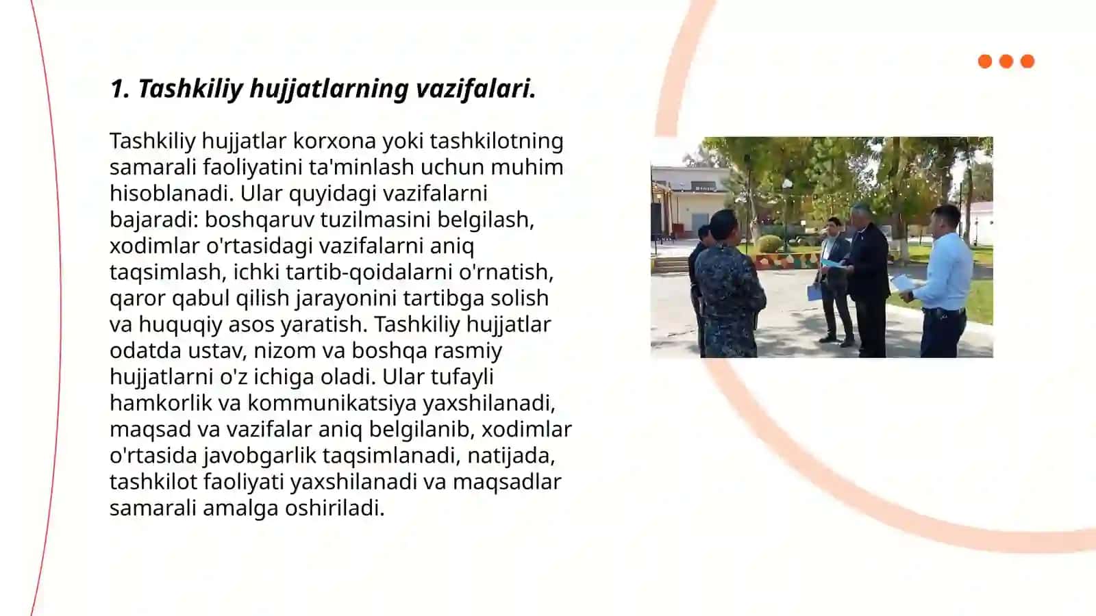 Tashkiliy hujjatlarning vazifasi.Tashkiliy hujjatlarning turlari. Mehribon Xursanmurodova 3
