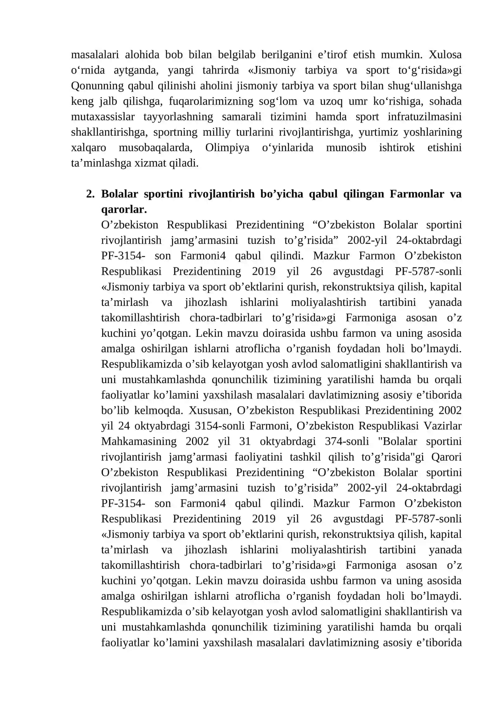 O‘zbekiston Respublikasi hukumatining jismoniy madaniyat va sport bo‘yicha qabul qilgan hujjatlarining ahamiyati 3