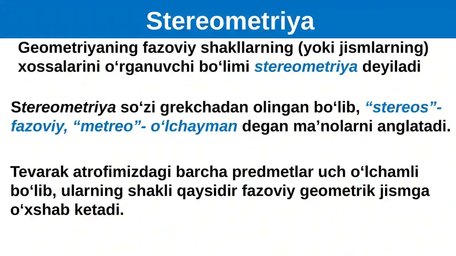 Geometriya elementlari (Fazoviy geometrik shakllar va ko‘pyoqlar) 3