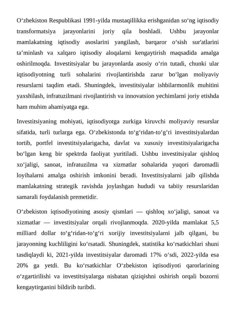 O'zbekiston iqtisodiyotini rivojlantirishda investitsiyalarning oʻrni 3