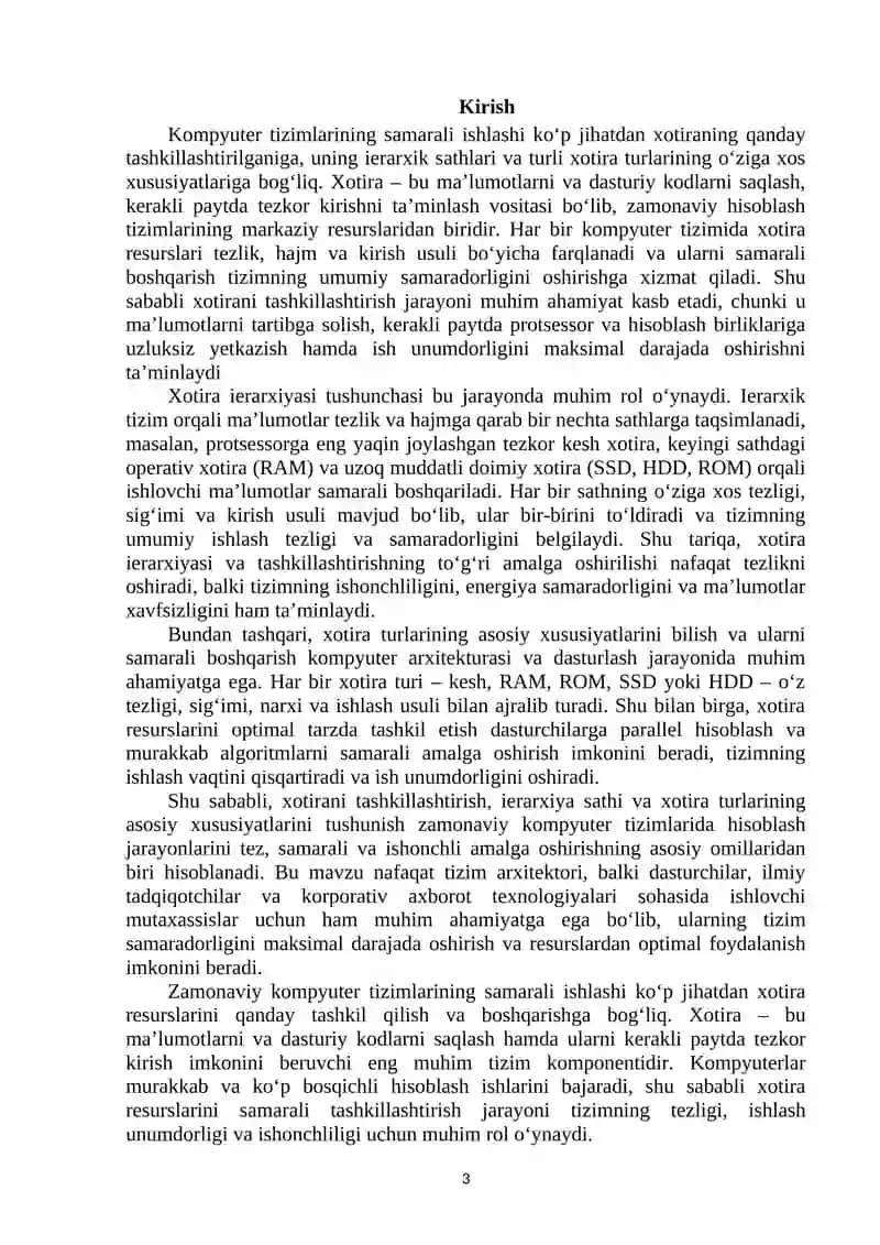 Xotirani tashkillashtirish, ierarxiya sathi va xotira turlarining asosiy xususiyatlari. 3