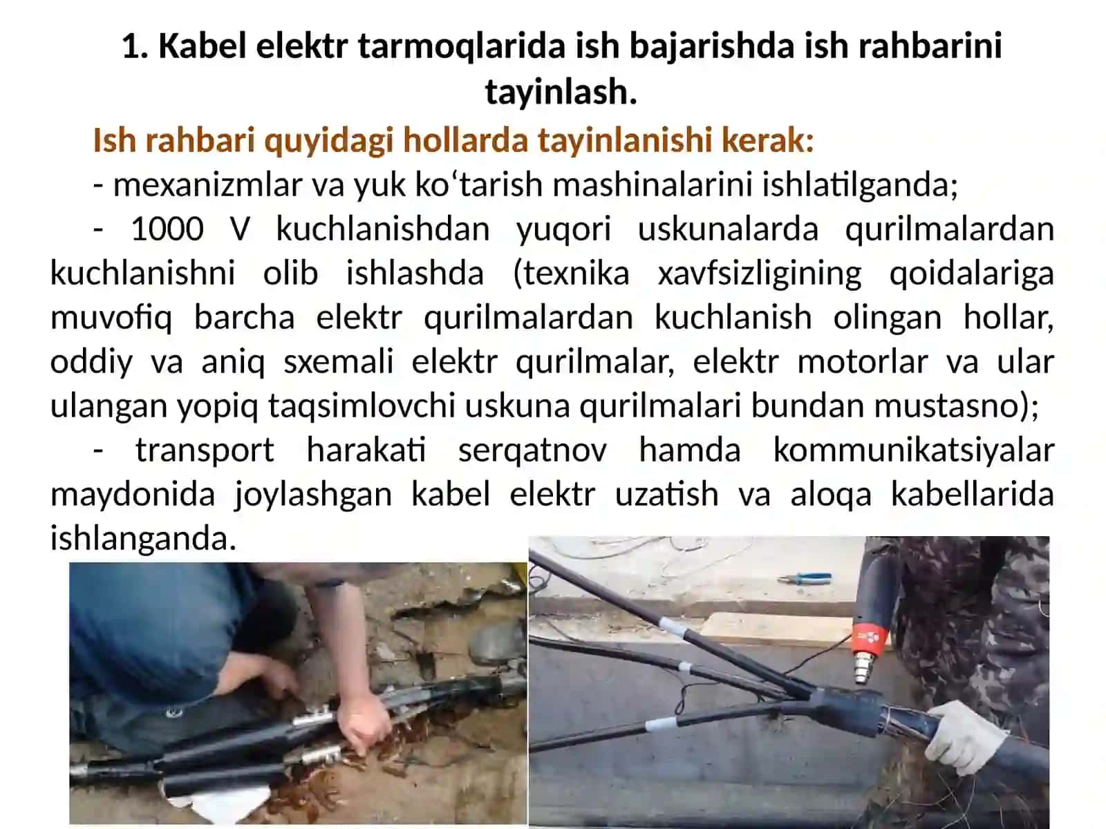 Kabelelektr tarmoqlarida ish bajarishda elektr xavfsizlik qoidalari 3