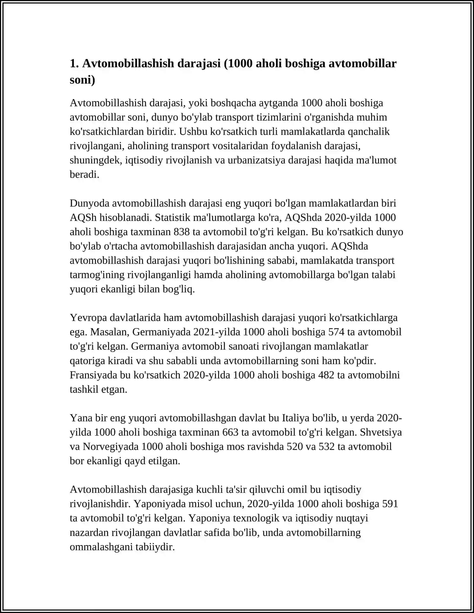 O'ZBEKISTON RESPUBLIKASIDA AVTOMOBILLASHTIRISH VA YO'L TARMOGLARINING KO'RSATKICHLARI 3