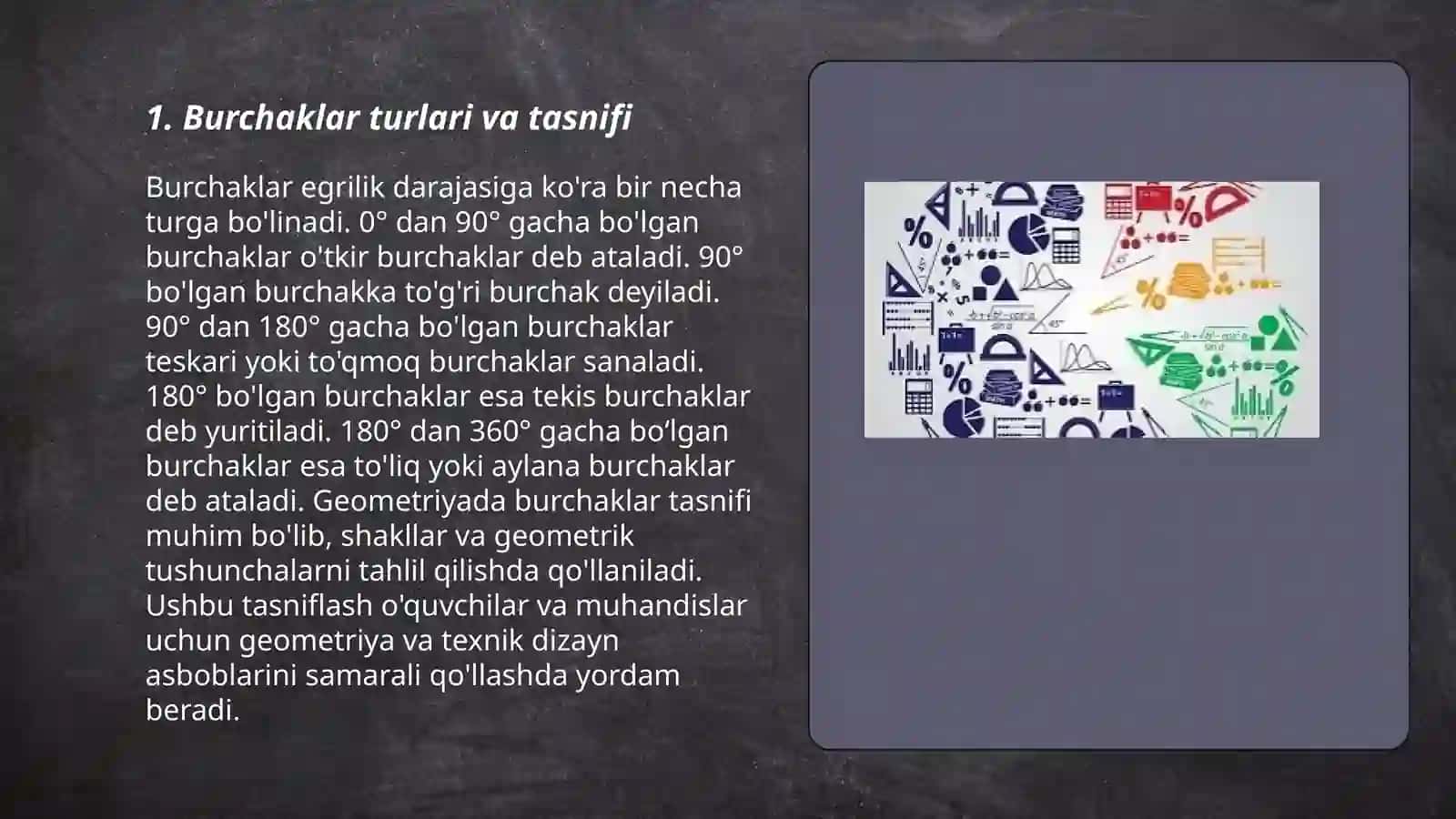 Burchak õlchovlari turlarini õrganish va har bir õlchov turining qõllanish sohasi 3