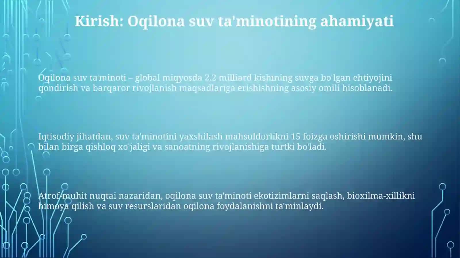DPMda ratsional suv ta'minotining ahamiyati. Ichimlik suvining sifatini yaxshilashning usullari 3