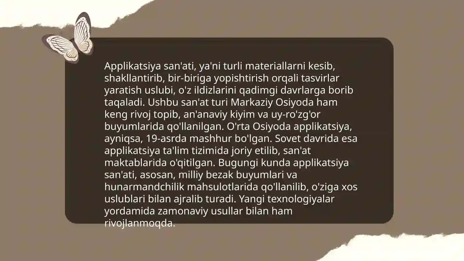 Applikatsiya - amaliy san’at turi sifatida. MTTda applikatsiya turlari. Applikatsiya ishlari uchun ashyo va jihozlar tayyorlash. Applikatsiyaga o‘rgatishning vazifalari. MTTning yosh guruhlarida applikatsiyaga o‘rgatish metodlari yuzasidan taqdimot tayyorlash 3