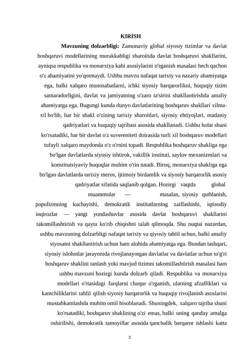 Mаvzu: Davlatning boshqaruv shakllari: Respublika va monarxiya.kurs ishi 3