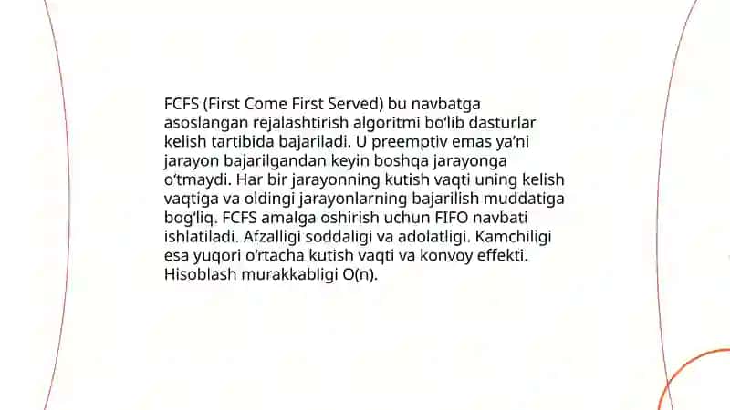 Kichik vazifalarda rejalashtiruvchi (FCFS, SJF, Round Robin) simulyatsiyasi 3