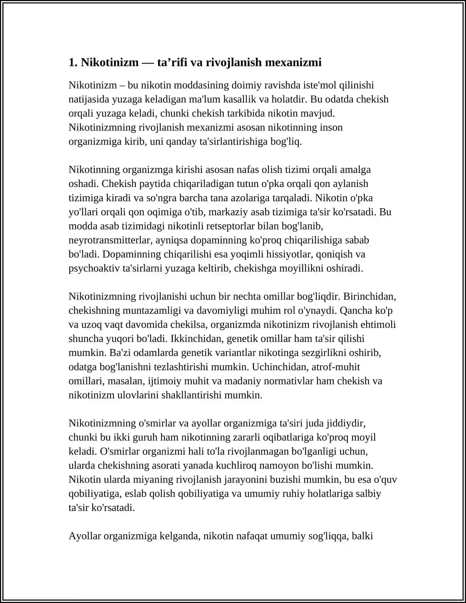 NIKOTINIZM VA UNING ASORATLARI. NIKOTINIZMNING O'SMIRLAR VA AYOLLAR ORGANIZMIGA TA'SIRI 3