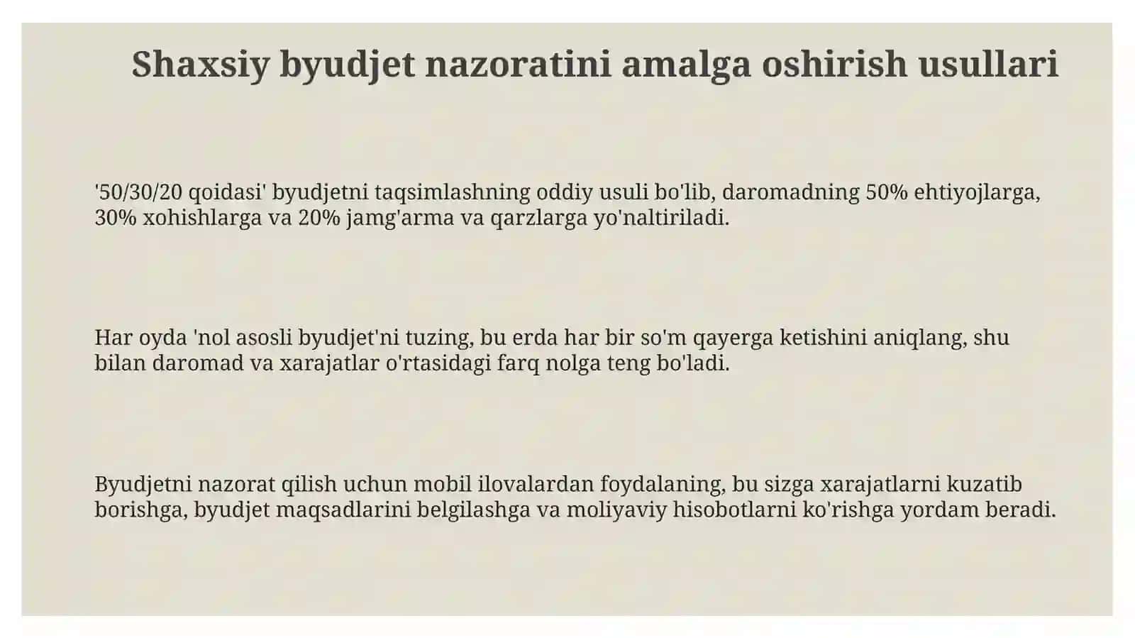 Shaxsiy byudjet nazoratini amalga oshirish yo'llari 3