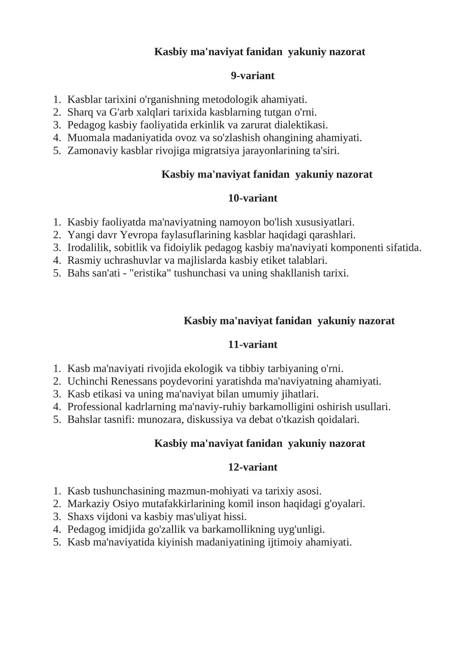 Kasbiy ma'naviyat fanidan yakuniy nazorat 3