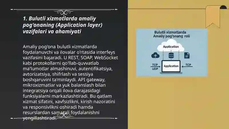 Bulutli xizmatlarda (Cloud Services) amaliy pog'onaning roli.CP va UDP protokollarining ishlash mexanizmlari. 3