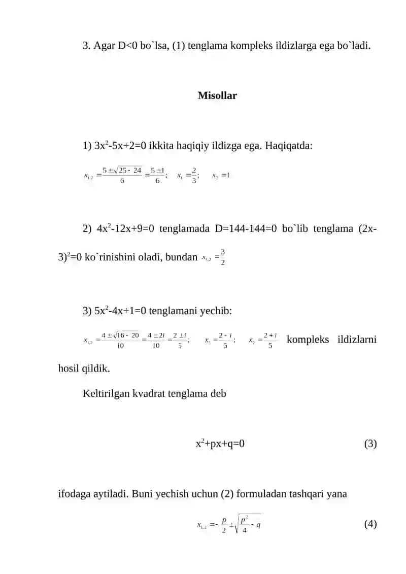 3ci va 4ci darajali algebrik tenglamalarni yechish 3