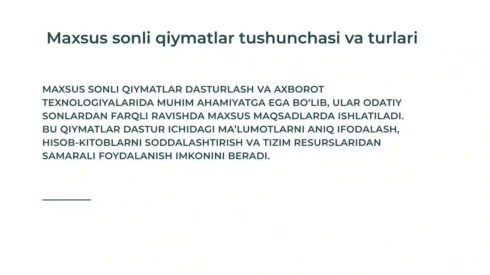 Maxsus sonli qiymatlar va mantiqiy axborotni ifodalash tuzilmalari 3
