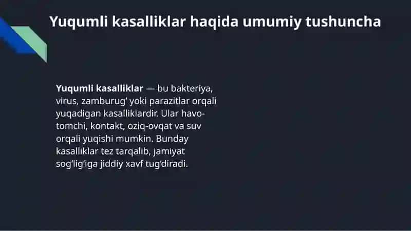 Yuqumli kasalliklarda davolash choralari. Shifokor amaliyotida jismoniy tarbiyaning ahamiyati. Mazkur mavzu yuqumli kasalliklarning kelib chiqish sabablari, davolash usullari va sog‘lomlashtirish jarayonida jismoniy tarbiyaning o‘rni haqida keng tushuncha beradi. 3