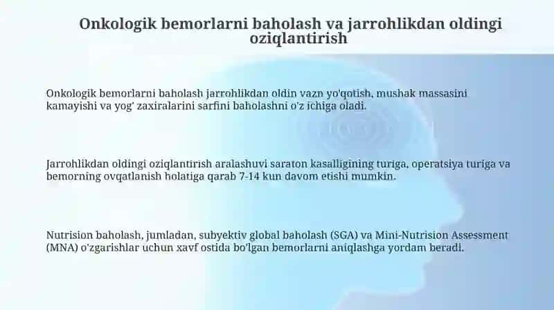 Onkologik bemorlarni baholash va jarrohlikdan oldingi oziqlantirish 3