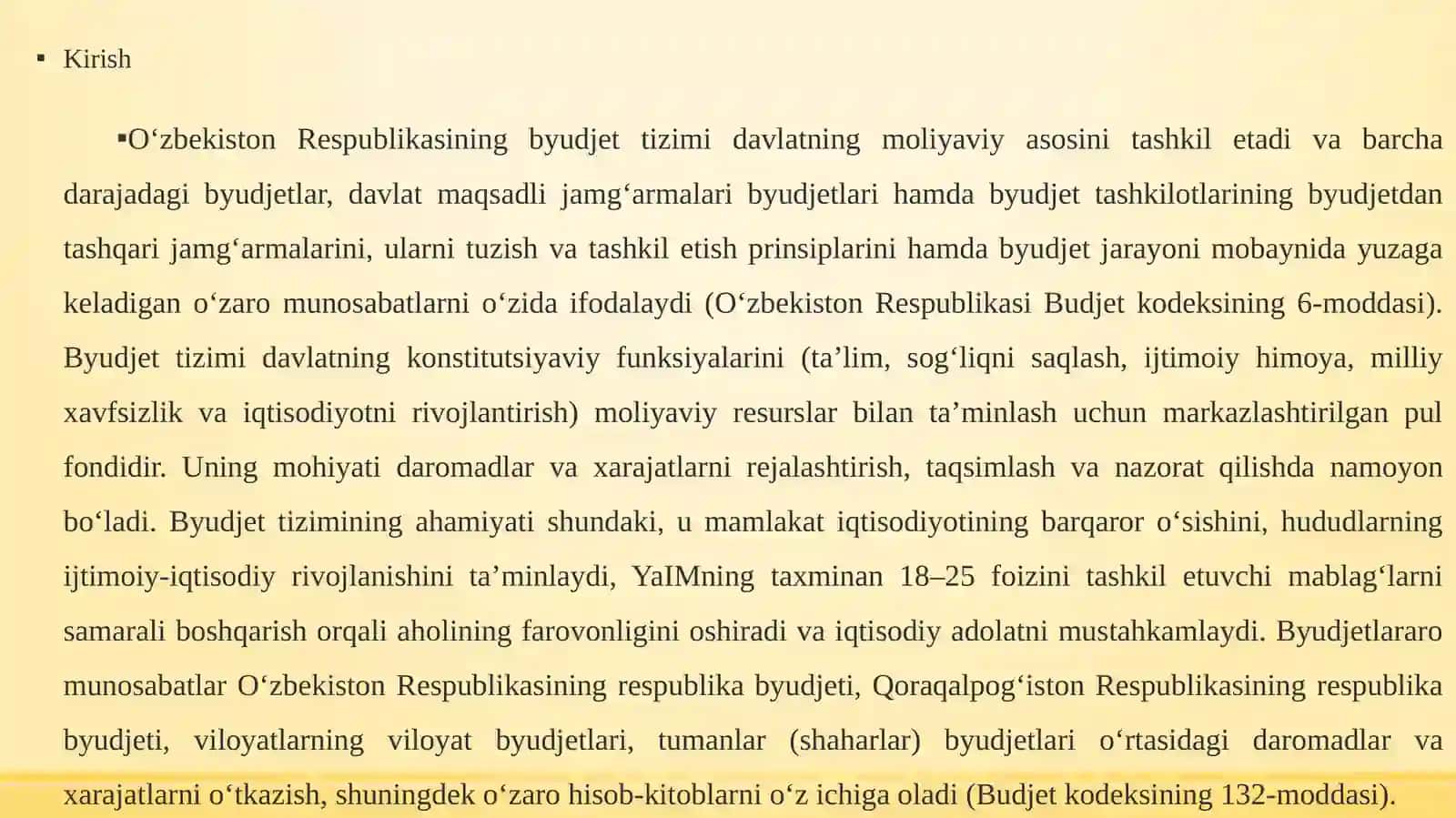 Byudjetlararo munosabatlar, ularning shakllari. Byudjet jarayoni va uning bosqichlari: byudjetni tuzish, ko‘rib chiqish va tasdiqlash tartibi 3