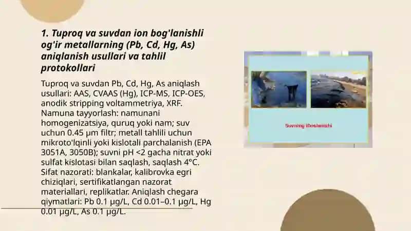 Tuproq va suvning ifloslanishida ion boglanishni birikmalarini aniqlab ulardan tozalash usullarni ishlab chiqarish 3
