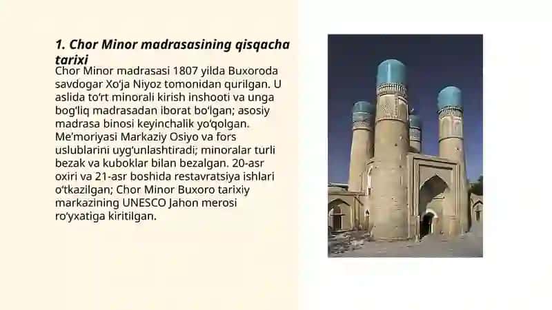 Chor Minor madrasasi haqida malumot eni boyi ichki dizayn 3