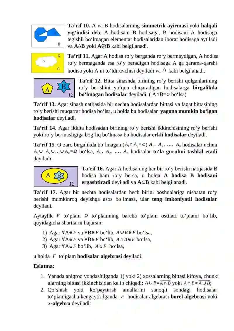 HODISALAR TURLARI. TASODIFIY HODISA. HODISALAR USTIDA AMALLAR. ELEMENTAR HODISALAR FAZOSI. EHTIMOOLLIKNING KLASSIK, STATISTIK, GEOMETRIK TAʻRIFLARI. KOLMOGOROV AKSIOMALARI 3