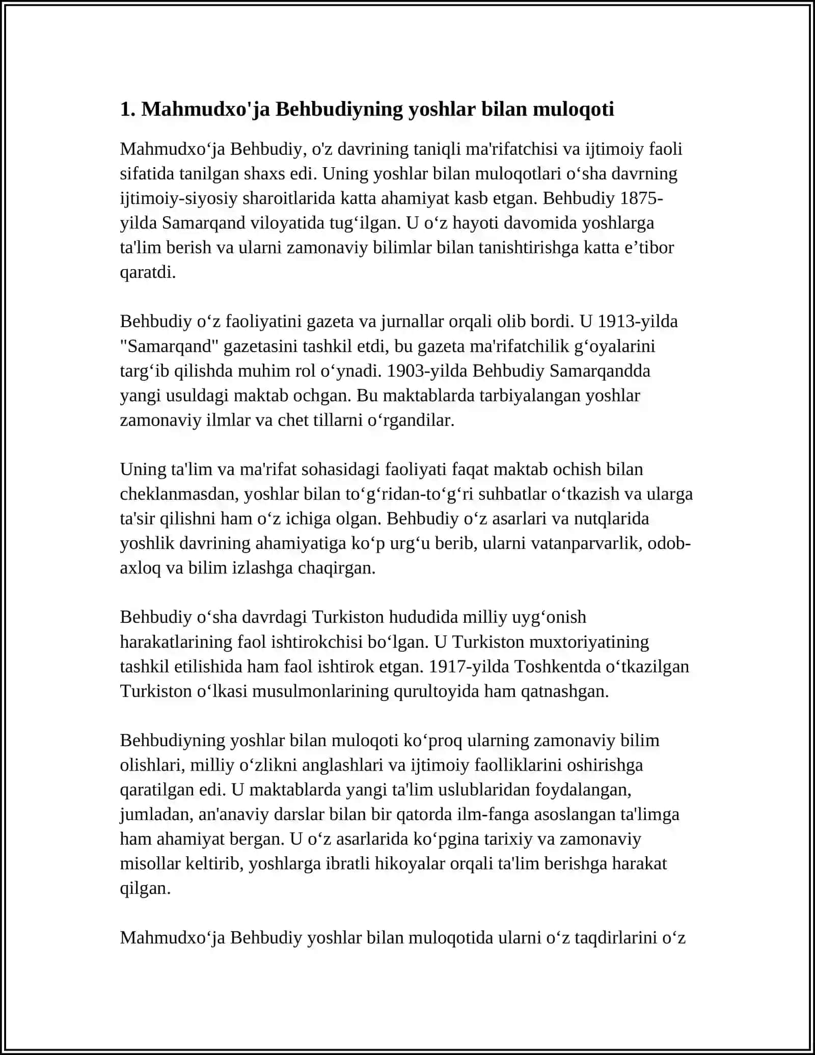 MAHMUDXOʻJA BEHBUDIY YOSHLARGA MUROJAAT VA MUHTARAM YOSHLARGA MUROJAAT MAQOLASINING TAHLILI MAVZUSIDA ESSE 3