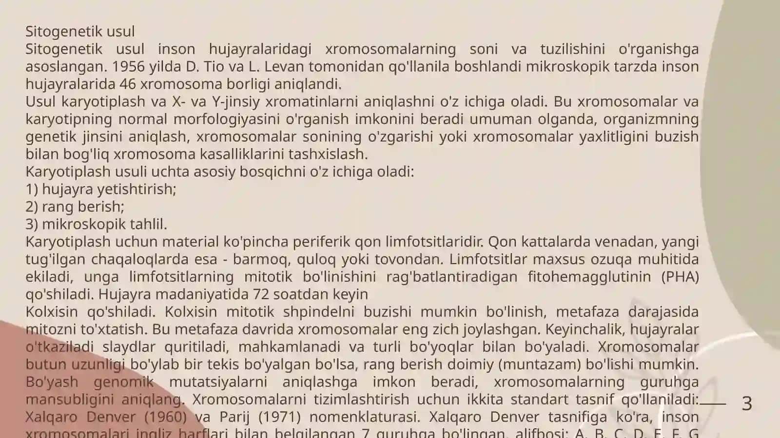 Antropogenetika.Odam irsiyatini o‘rganish usullari.Sitogenetik, immunogenetik va biokimyoviy usullar 3