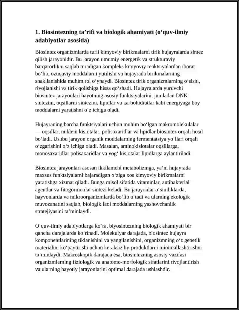 OʻQUV ILMIY ADABIYOTLAR ASOSIDA BIOSINTEZ HAQIDA MALUMOT BERISH 3