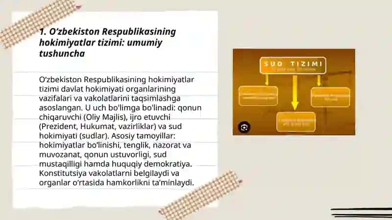 Oʻzbekiston Respublikasida hokimiyatlar tizimi.(Qonun chiqaruvchi, ijro etuvchi va sud hokimiyati) 3