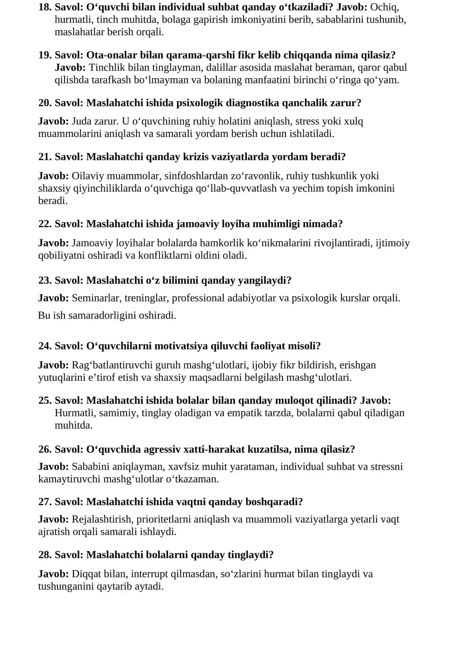 Maktab Maslahatchisi Tayyorlov Testlar va Suhbat Savollari – 2026 3