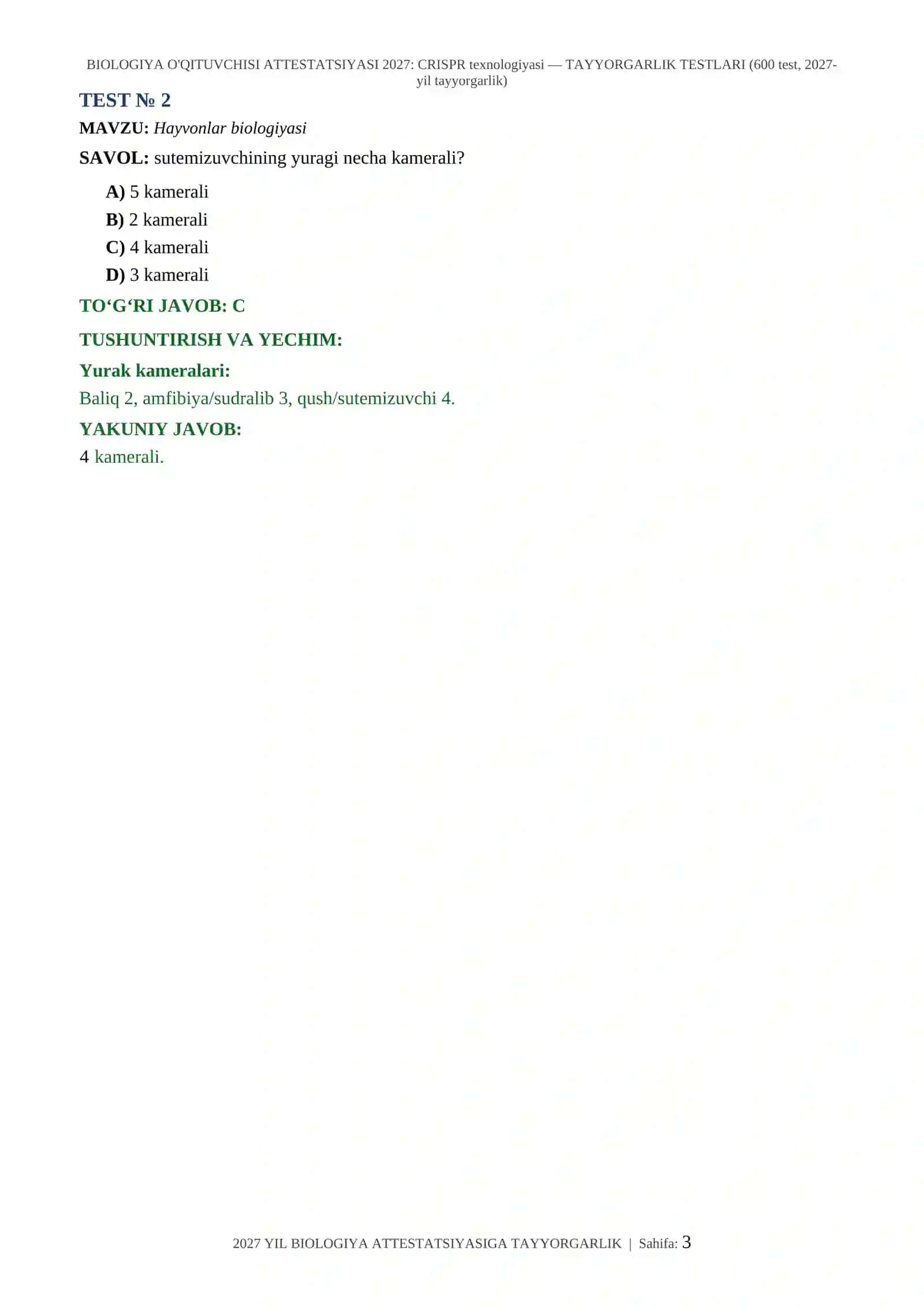BIOLOGIYA O'QITUVCHISI ATTESTATSIYASI 2027: CRISPR texnologiyasi — TAYYORGARLIK TESTLARI (600 test, 2027-yil tayyorgarlik) 3