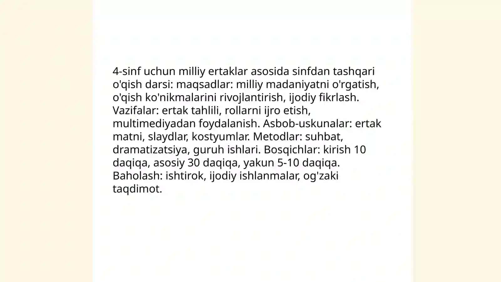 Sinfdan tashqari o'qish darsi namunasini ishlab chiqish (4-sinf) 3