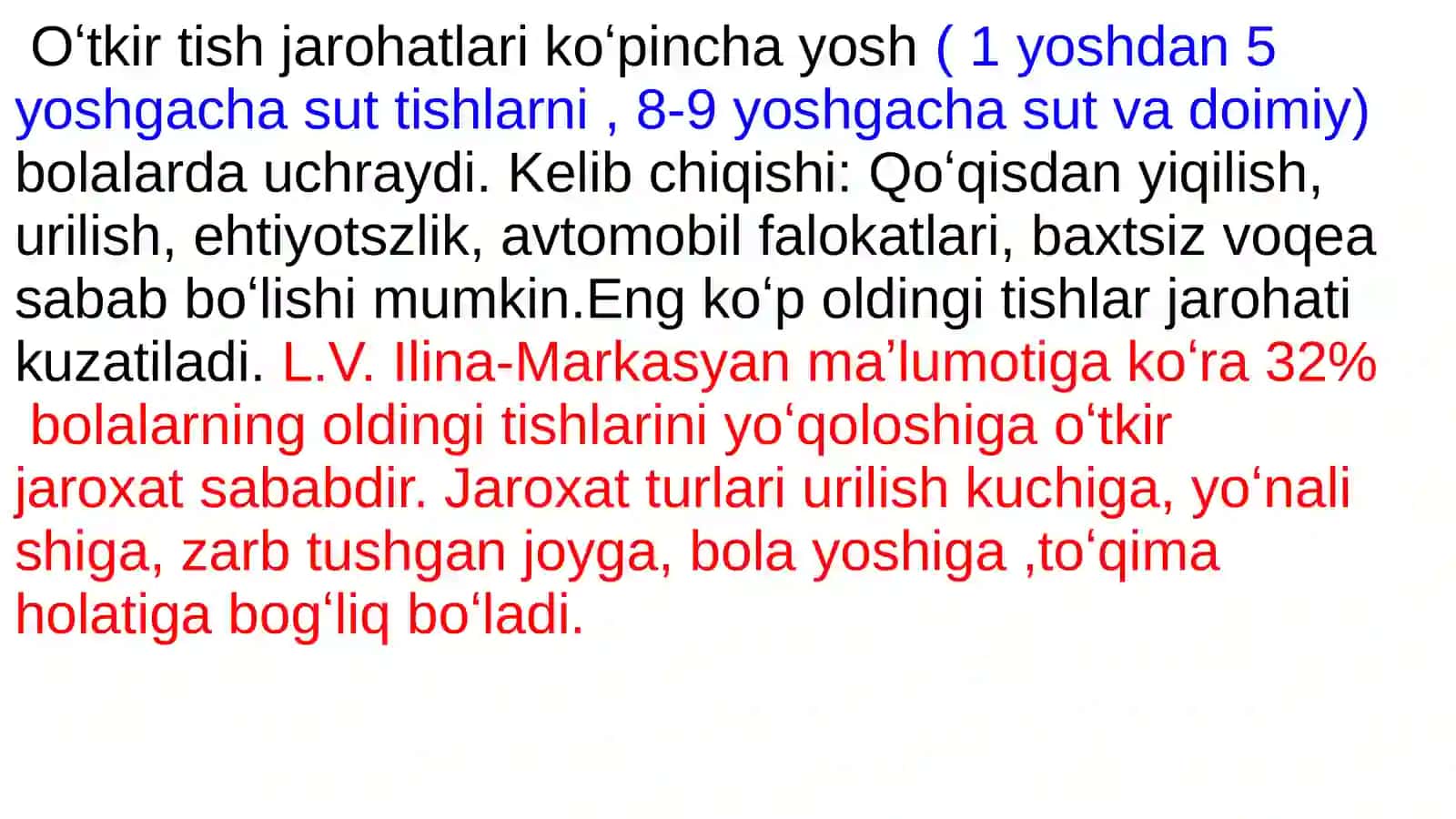 Tish chiqqanidan keyin paydo boʻladigan nokariyes kasalliklar. Tishlarni mexanik va kimyoviy jarohatlari. Klinikasi, tashxislash, va qiyosiy tashxii 3