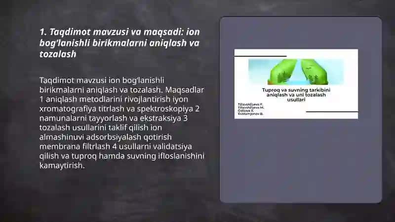 Tuproq va suvning ifloslanishida ion bogʻlanishli birikmalarni aniqlab, ulardan tozalash usulini ishlab chiqish 3