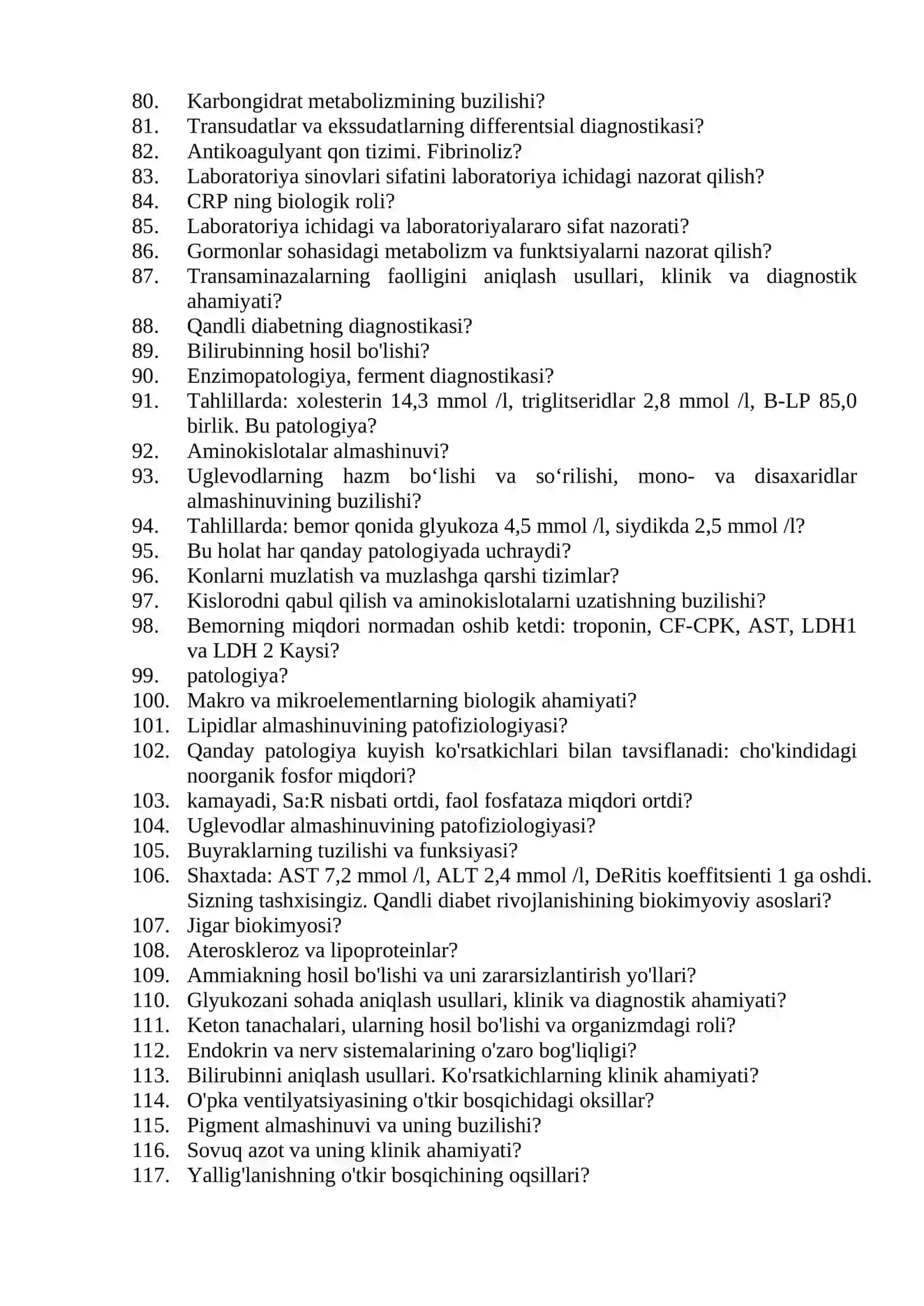 Laboratoriya ishi mutaxassisligi bo'yicha shakllantirilgan Og'zaki savollar ro'yxati 3