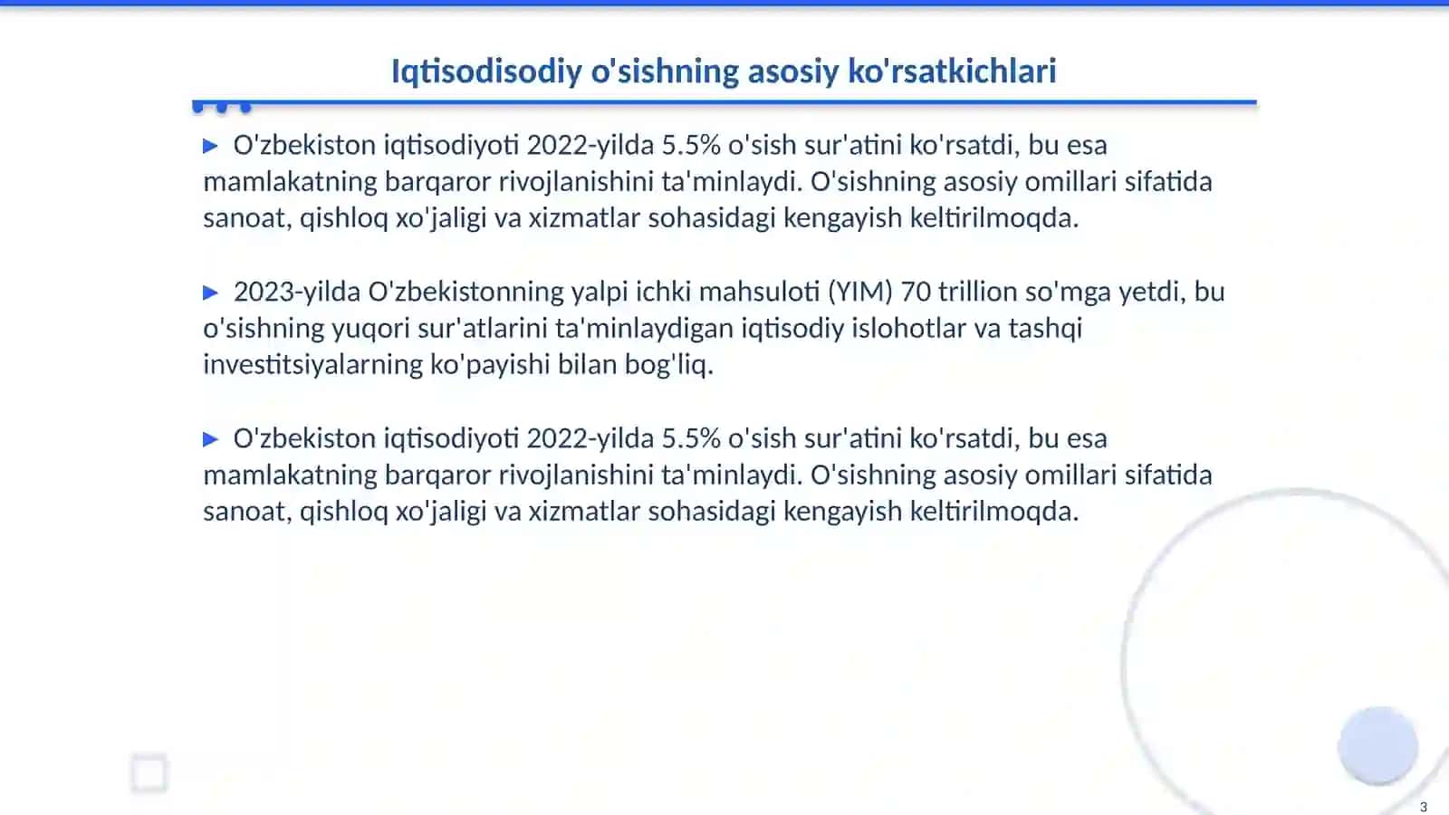 O'zbekistonda iqtisodisodiy osishning yuqori sur'atlarini ta'minlash omillari va natijalari 3