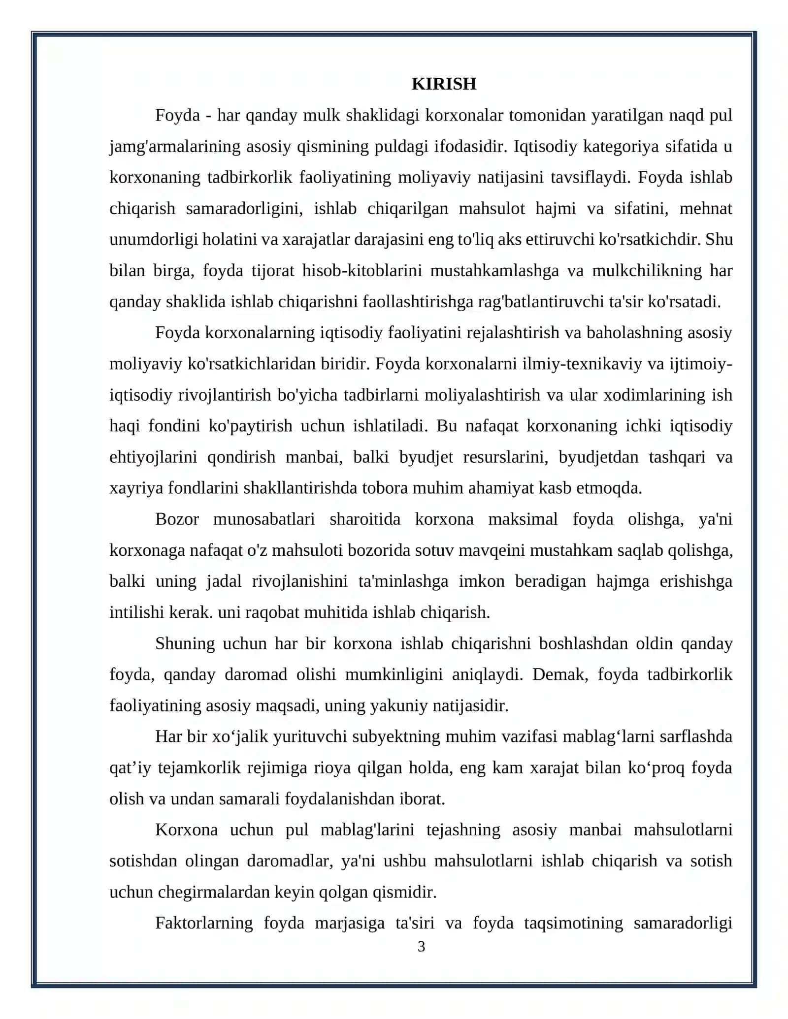 Kurs ishi: Korxona Foydasini Shakllantirish va Undan Samarali Foydalanish Yo'llari 3