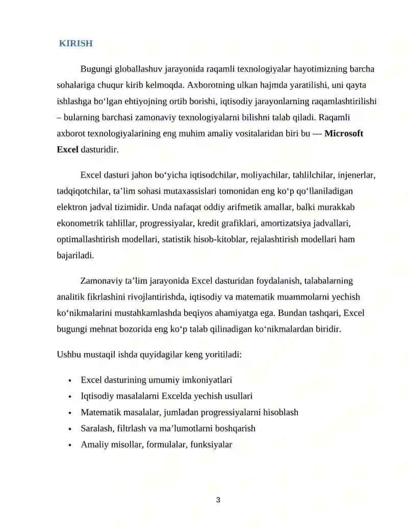 Excel dasturida iqtisodiy masalalarni yechish. Excel dasturida matematik masalalarni yechish. Progressiya. Saralash amallari 3