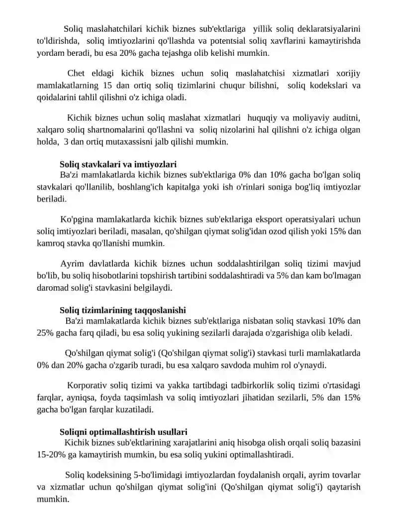 Xorij mamlakatlar kichik biznes sub'ektlarini soliqqa tortishning o'ziga xos xususiyatlari 3