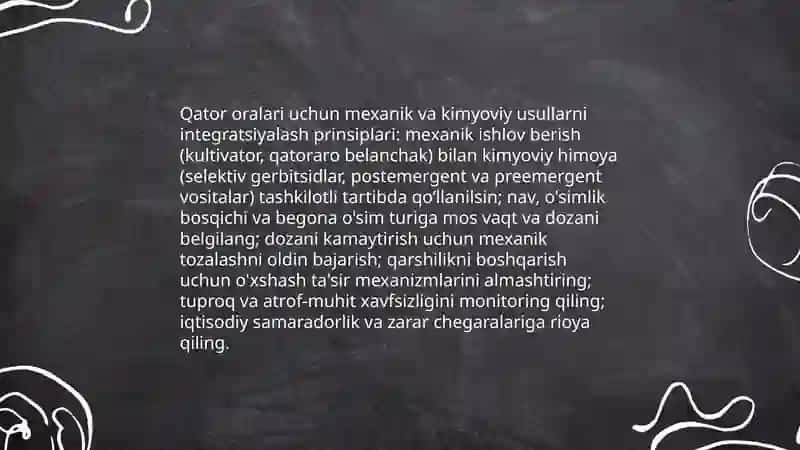 O'SIMLIK QATOR ORALARIDAGI BEGONA O'TLARNI YO'QOTISHDA MEXANIKAVIY VA KIMYOVIY USULLARNING BIRGALIKDA QO'LLASH 3