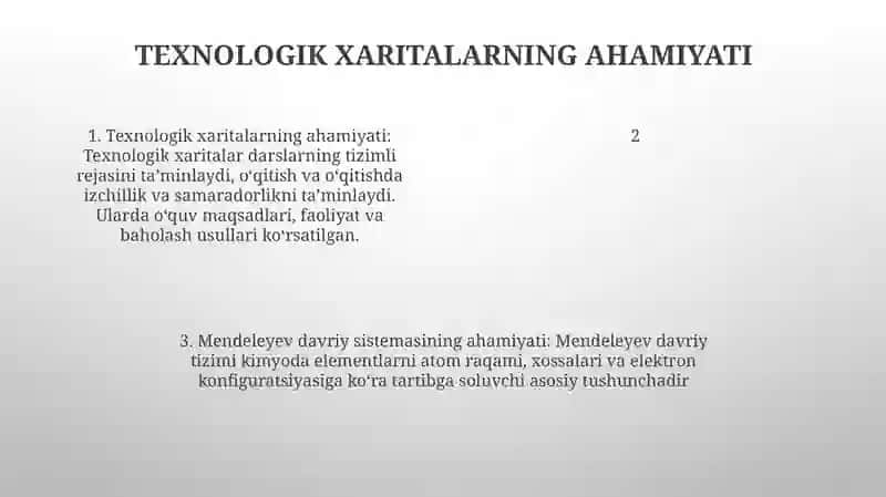 "Davriy Qonun Va D.I.Mendeleevning Kimyoviy Elementlar Davriy Sistemasi" Mavzusidagi Modulli Darsning Texnologik Xaritasini Ishlab Chiqish Metodikasi 3