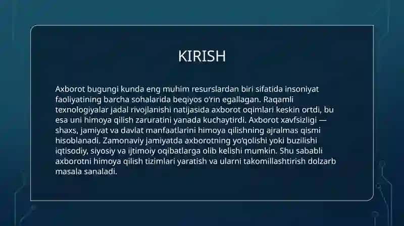 Axborot xavfsizligi va axborotlarni himoyalash usullari. Axborotlarni himoyalashning texnik va dasturiy vositalari 3