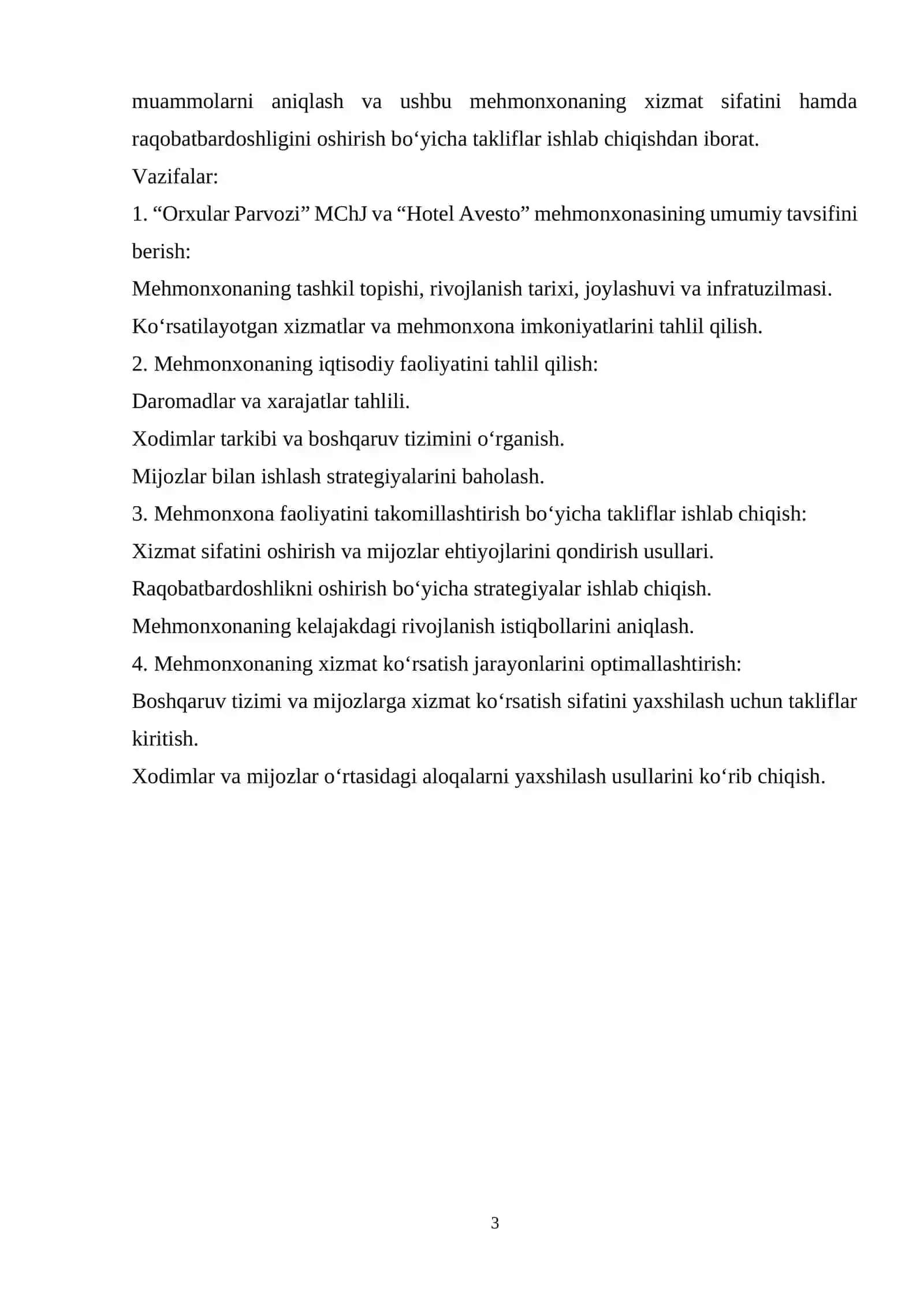 “Orxular Parvozi” MChJ va “Hotel Avesto” mehmonxonasining umumiy tavsifi 3